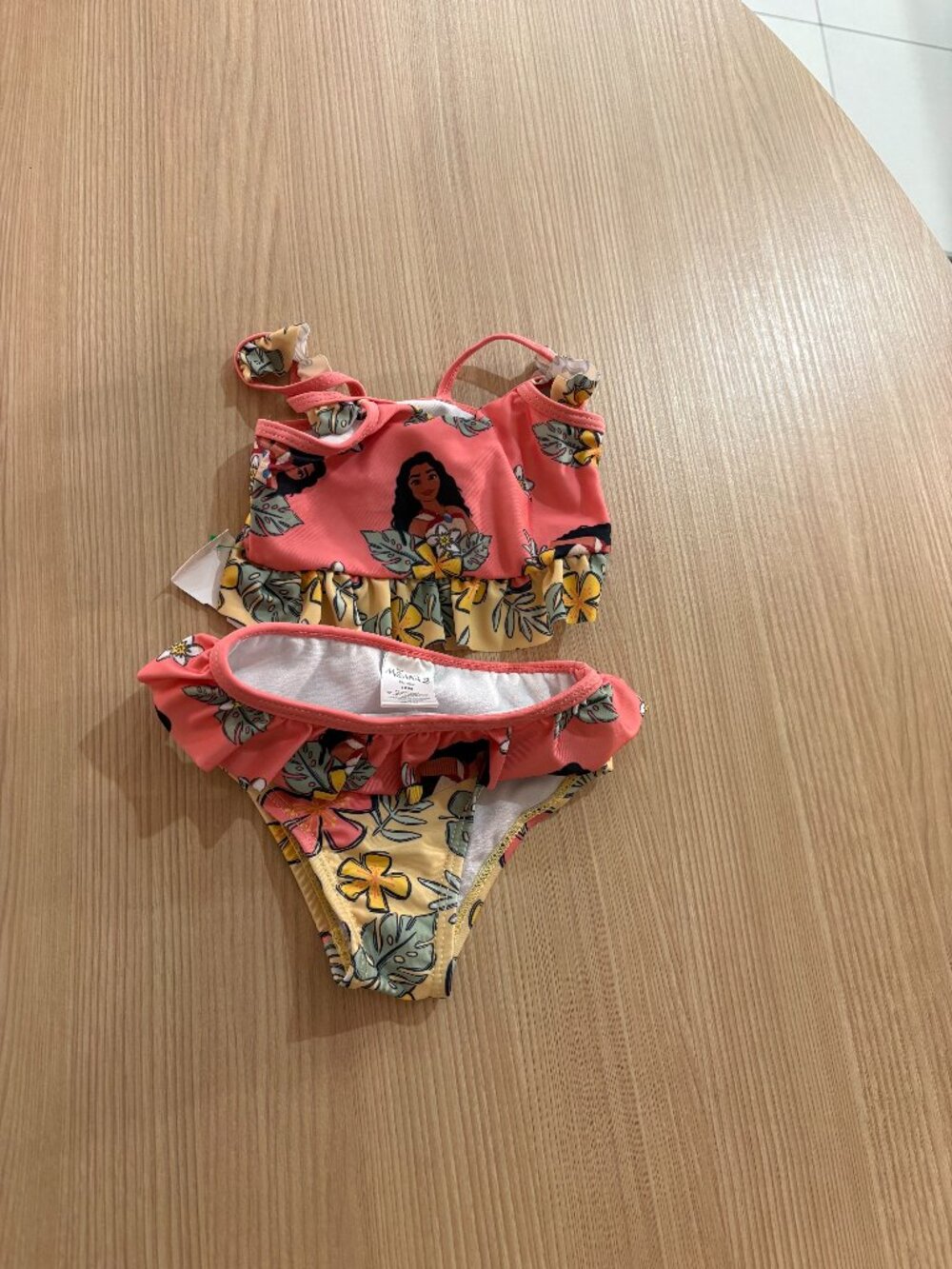 Disney Moana Bikini Swimsuit 12 Month Orange Yellow Tropical Tribal Print Ruffle